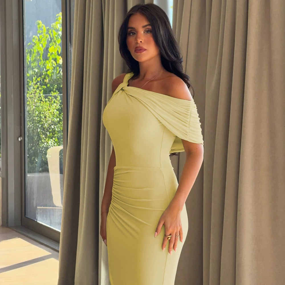 ZARA Womens Fashion Solid Color Bodycon Long Slit Boat Neck Asymmetric Dress